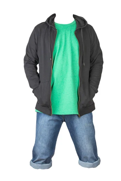 Denim Ciemnoniebieskie Szorty Zielony Shirt Czarna Bluza Zamkiem Błyskawicznym Kaptur — Zdjęcie stockowe