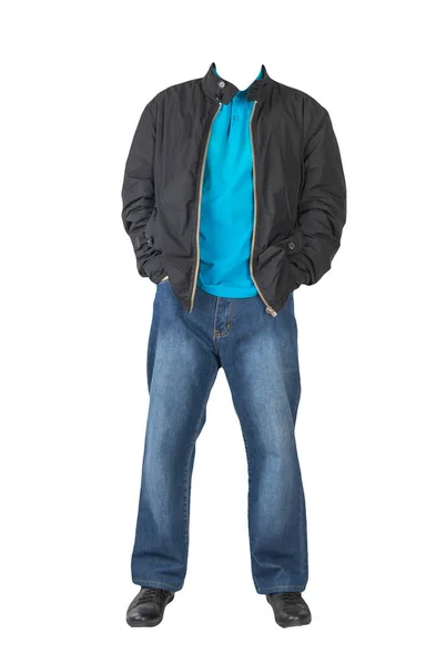 Jeans Azul Oscuro Camiseta Azul Con Cuello Botones Chaqueta Negra — Foto de Stock