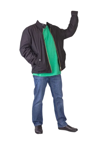 Σκούρο Μπλε Τζιν Πράσινο Shirt Μαύρο Σακάκι Και Μαύρα Δερμάτινα — Φωτογραφία Αρχείου