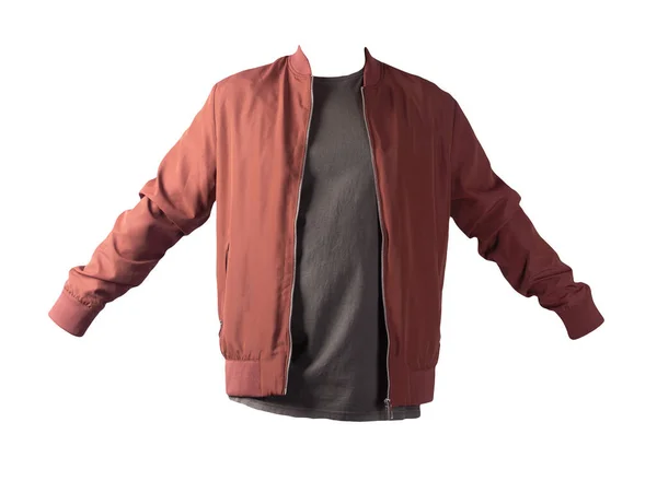 Giacca Bomber Rosso Scuro Uomo Shirt Grigio Scuro Isolata Sfondo — Foto Stock