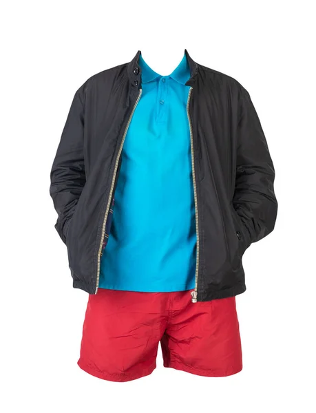 Męska Czarna Kurtka Niebieska Koszula Czerwone Spodenki Sportowe Odizolowane Białym — Zdjęcie stockowe