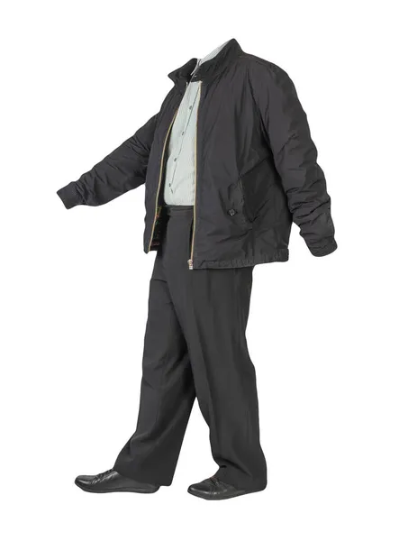 Чоловіча Чорна Куртка Сіра Смугаста Сорочка Чорні Штани Взуття Чорної — стокове фото