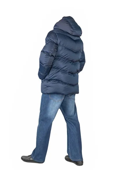 Mörkblå Jeans Svarta Läderskor Mörkblå Dunjacka Med Huva Isolerad Vit — Stockfoto