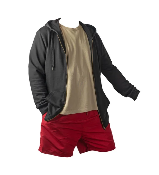 Camisola Preta Com Capuz Zíper Ferro Camiseta Biige Shorts Esportivos — Fotografia de Stock