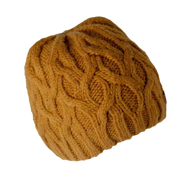 Women Dark Yellow Hat Rough Knitting Isolated White Background Warm — Stock Photo, Image