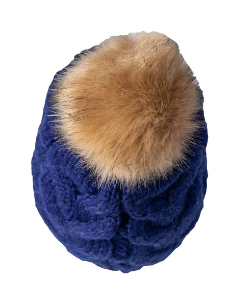 Chapeau Bleu Foncé Pour Femme Tricoté Avec Pompon Beige Isolé — Photo