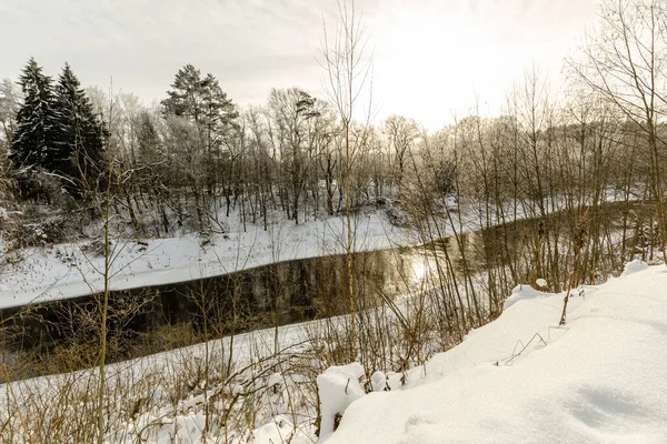 Rivier Stroomt Door Het Winterbos Schoonheid Van Winter Natuur — Stockfoto