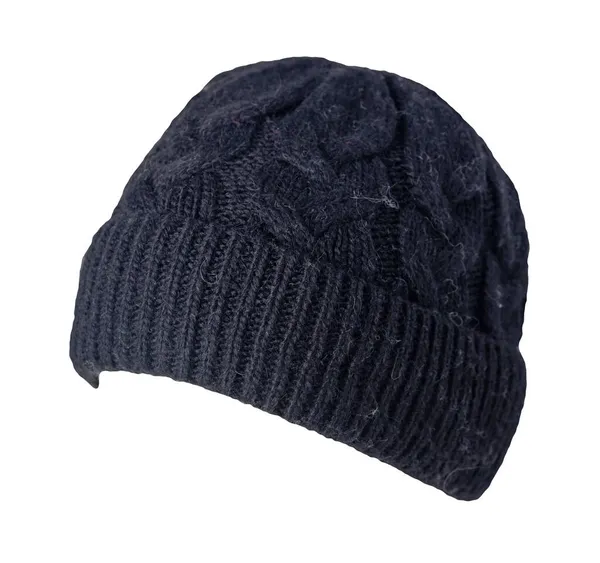 Chapeau Tricoté Bleu Foncé Isolé Sur Fond Blanc Accessoire Hiver — Photo