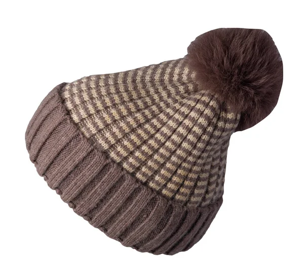 Dambrun Beige Hatt Stickad Med Garnboll Isolerad Vit Bakgrund Varm — Stockfoto