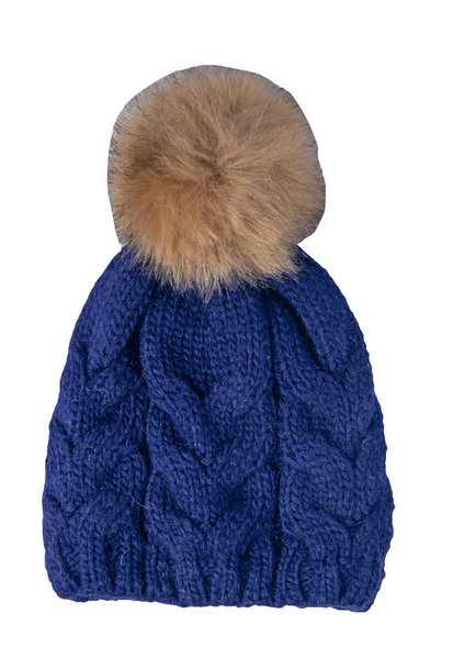 Chapeau Bleu Foncé Pour Femme Tricoté Avec Pompon Beige Isolé — Photo