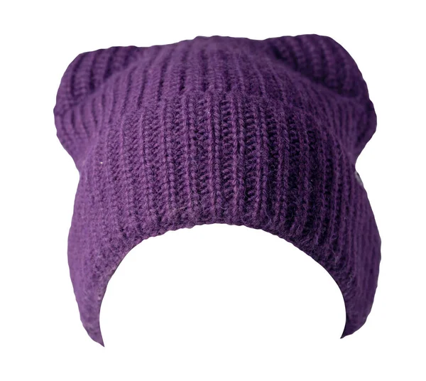 Women Purple Hat Knitted Isolated White Background Warm Winter Accessory — Stock Photo, Image