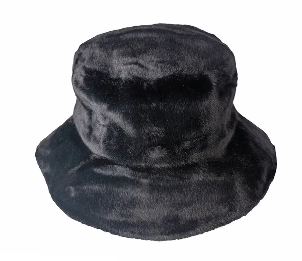 Cappello Nero Secchio Pelliccia Artificiale Isolato Sfondo Bianco Cappello Pescatore — Foto Stock