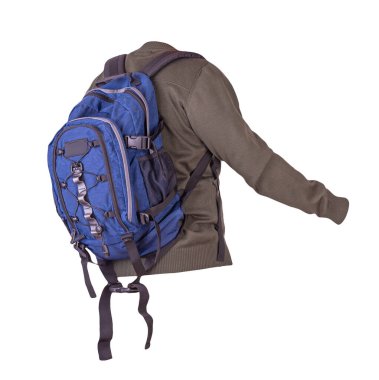 Koyu yeşil örülü mavi bir sırt çantası beyaz bir arka planda izole edilmiş bombardıman ceketi. Bir sırt çantası ve ceketin arka planı