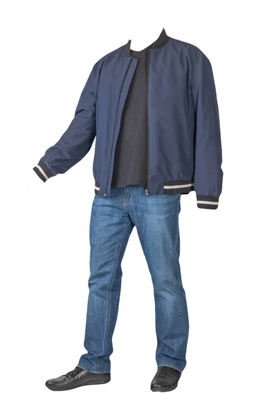 Donkerblauwe Jeans Zwart Shirt Donkerblauwe Bomberjack Zwarte Leren Schoenen Geïsoleerd — Stockfoto