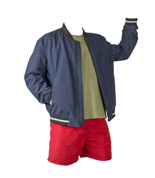 mens dark blue bomber jacket,olive t-shirt and sports red shorts isolated on white background. fashionable casual wear