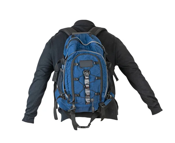 Blauer Rucksack Bekleidet Mit Einem Schwarzen Strickpullover Isoliert Auf Weißem — Stockfoto