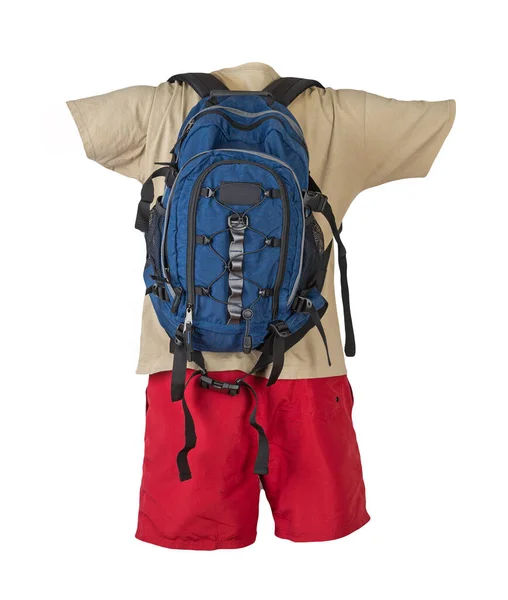 Jeansblauer Rucksack Rote Sporthose Beiges Shirt Kleidung Für Jeden Tag — Stockfoto