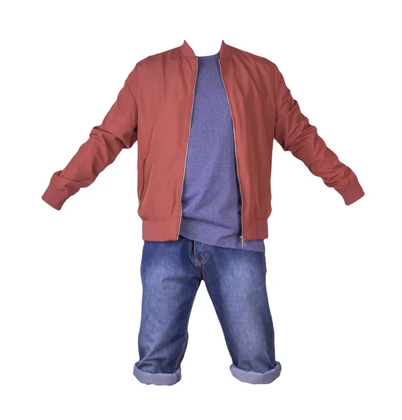 Calções Azuis Jeans Shirt Marinha Blusão Bombardeiro Vermelho Zíper Isolado — Fotografia de Stock