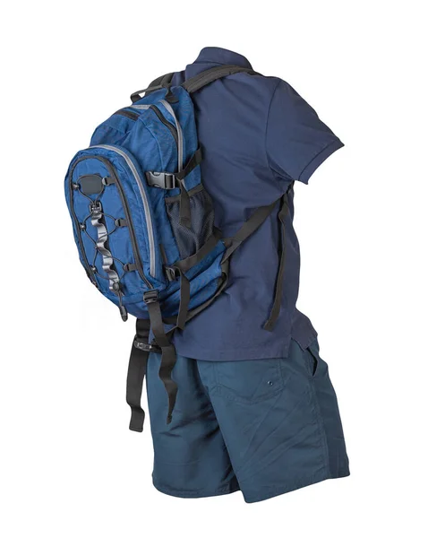 Jeansblauer Rucksack Dunkelblaue Sporthose Dunkelblaues Hemd Mit Kragen Und Knöpfen — Stockfoto