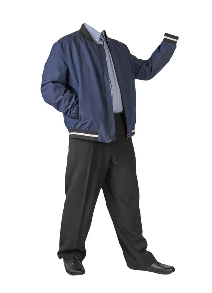 Jaqueta Azul Escuro Masculino Bombardeiro Camisa Roxa Calças Pretas Sapatos — Fotografia de Stock