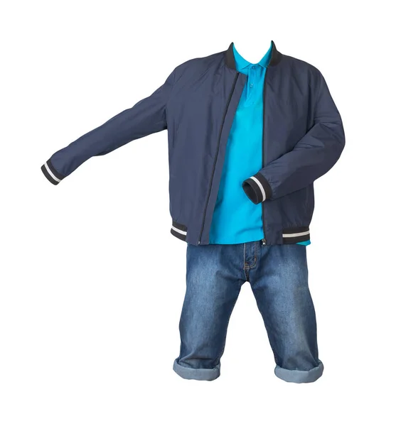 Jeansowe Granatowe Szorty Niebieska Koszulka Kołnierzem Guzikach Granatowa Kurtka Bombowa — Zdjęcie stockowe