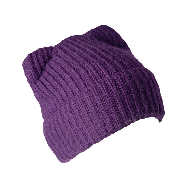 Chapéu Roxo Feminino Tricotado Isolado Fundo Branco Acessório Inverno Quente — Fotografia de Stock