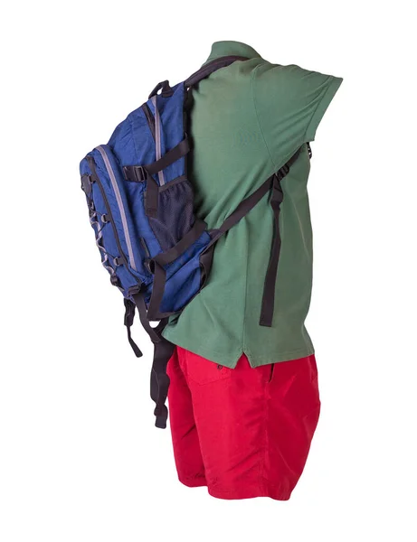 Jeansblauer Rucksack Rote Sporthose Dunkelgrünes Hemd Mit Kragen Und Knöpfen — Stockfoto