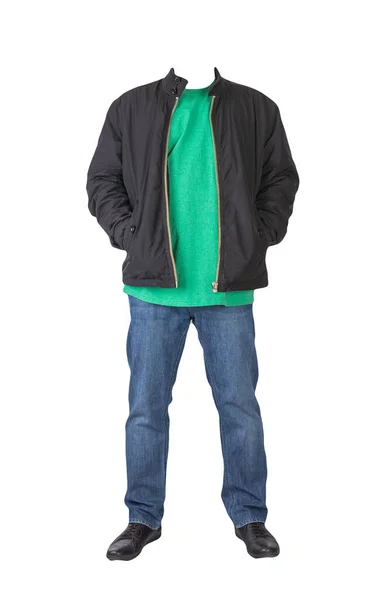 Mörkblå Jeans Grön Shirt Svart Jacka Och Svart Läder Skor — Stockfoto