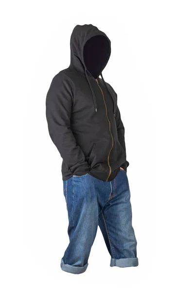 Denim Dark Blue Shorts Black Hoodie Isolated White Background Men — Stock Photo, Image