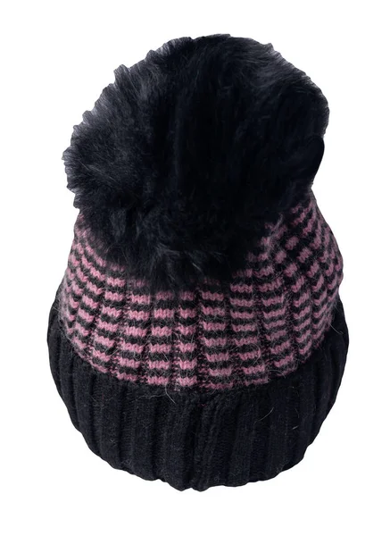 Cappello Nero Rosa Donna Lavorato Maglia Con Pompon Isolato Sfondo — Foto Stock