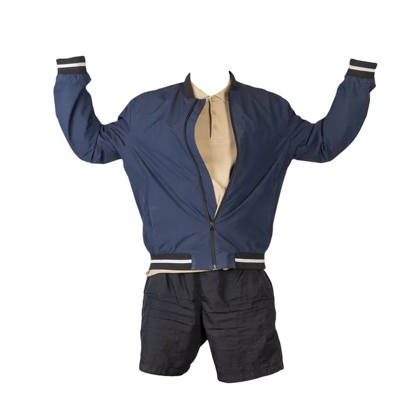 Jaqueta Bombardeiro Azul Escuro Dos Homens Camisa Bege Shorts Esportivos — Fotografia de Stock