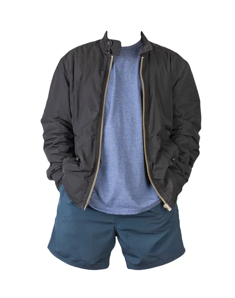 Mens Black Jacket Navy Shirt Sports Dark Blue Shorts Isolated — Stock Photo, Image