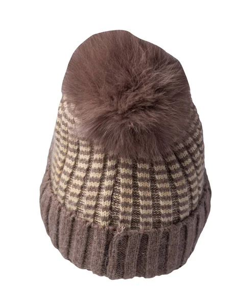 Cappello Marrone Beige Donna Lavorato Maglia Con Pompon Isolato Sfondo — Foto Stock