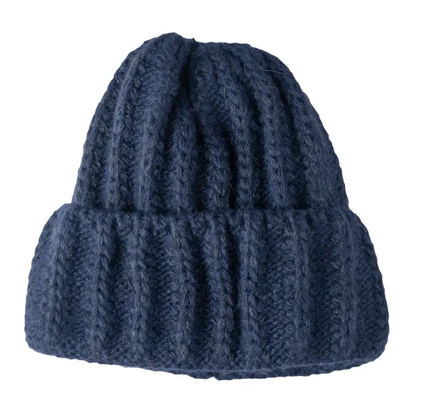 Dunkelblaue Strickmütze Auf Weißem Hintergrund Warmes Winter Accessoire — Stockfoto