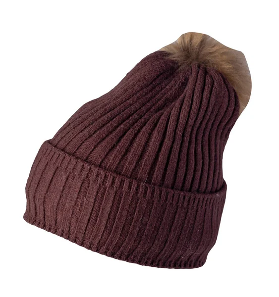 Cappello Marrone Donna Lavorato Maglia Con Pompon Beige Isolato Sfondo — Foto Stock