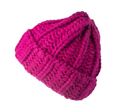 Beyaz arka planda yalıtılmış kırmızı kadın şapkası. Sıcak kış aksesuarı