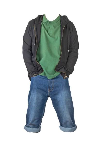 Pantaloncini Blu Scuro Denim Shirt Verde Scuro Con Colletto Bottoni — Foto Stock