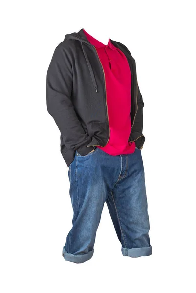 粗斜纹棉布深蓝色短裤 红T恤 领子扣 黑运动衫 带拉链 白色背景隔离 — 图库照片