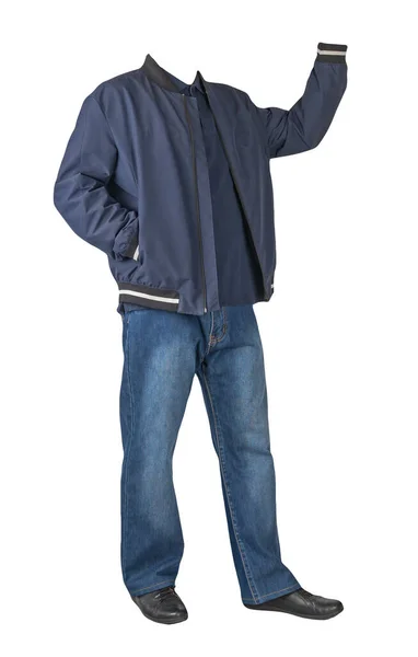 Dunkelblaue Jeans Dunkelblaues Shirt Mit Kragen Den Knöpfen Dunkelblaue Bomberjacke — Stockfoto