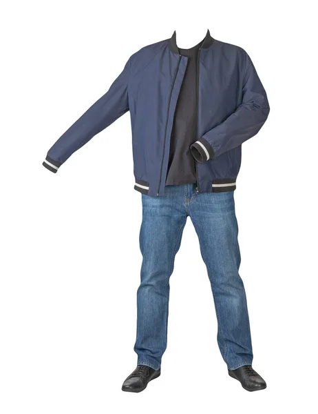 Dunkelblaue Jeans Schwarzes Shirt Dunkelblaue Bomberjacke Und Schwarze Lederschuhe Auf — Stockfoto