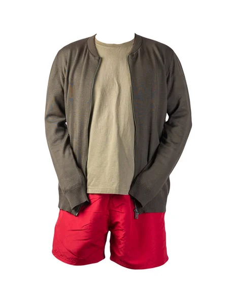Mens Verde Escuro Casaco Bombardeiro Malha Shirt Azeitona Calções Esportivos — Fotografia de Stock