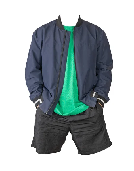 Mens Chaqueta Bombardero Azul Oscuro Camiseta Verde Pantalones Cortos Deportivos — Foto de Stock