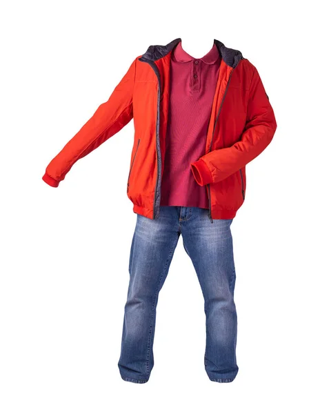 Rote Jacke Mit Reißverschluss Dunkelrotes Hemd Und Blaue Jeans Auf — Stockfoto