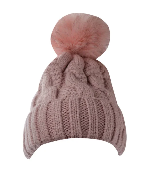 Stickad Rosa Hatt Isolerad Vit Bakgrund Hatt Med Garnboll — Stockfoto