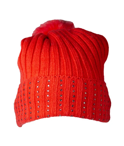 Πλεκτό Κόκκινο Καπέλο Απομονωμένο Λευκό Φόντο Hat Pompon — Φωτογραφία Αρχείου