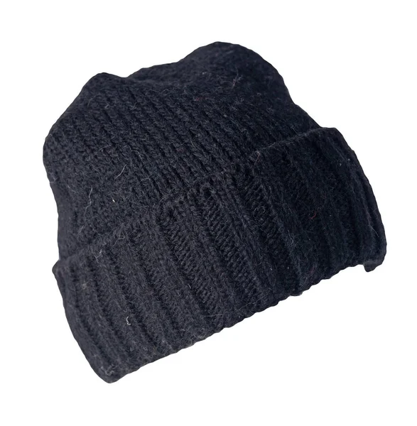 Bonnet Noir Tricoté Isolé Sur Fond Blanc Accessoire Hiver Chaud — Photo