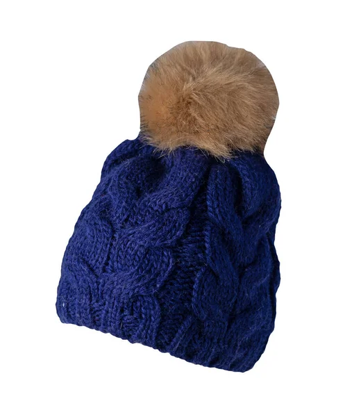 Kvinnors Mörkblå Hatt Stickad Med Beige Pompon Isolerad Vit Bakgrund — Stockfoto