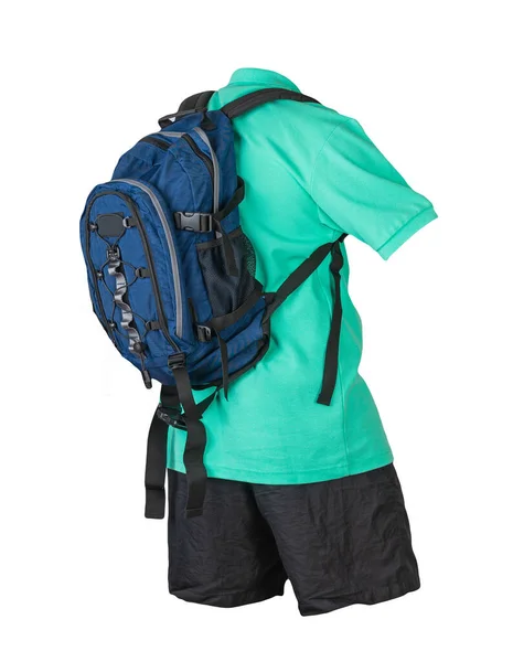 Jeansblauer Rucksack Schwarze Sporthose Dunkelblaues Hemd Mit Kragen Und Knöpfen — Stockfoto