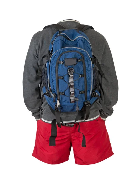 Denim Blue Backpack Dark Gray Sweatshirt Hood Red Shorts Isolated — Stock Photo, Image
