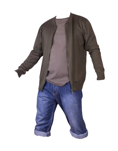 Calções Jeans Azuis Camiseta Cinza Escuro Casaco Bombardeiro Malha Verde — Fotografia de Stock